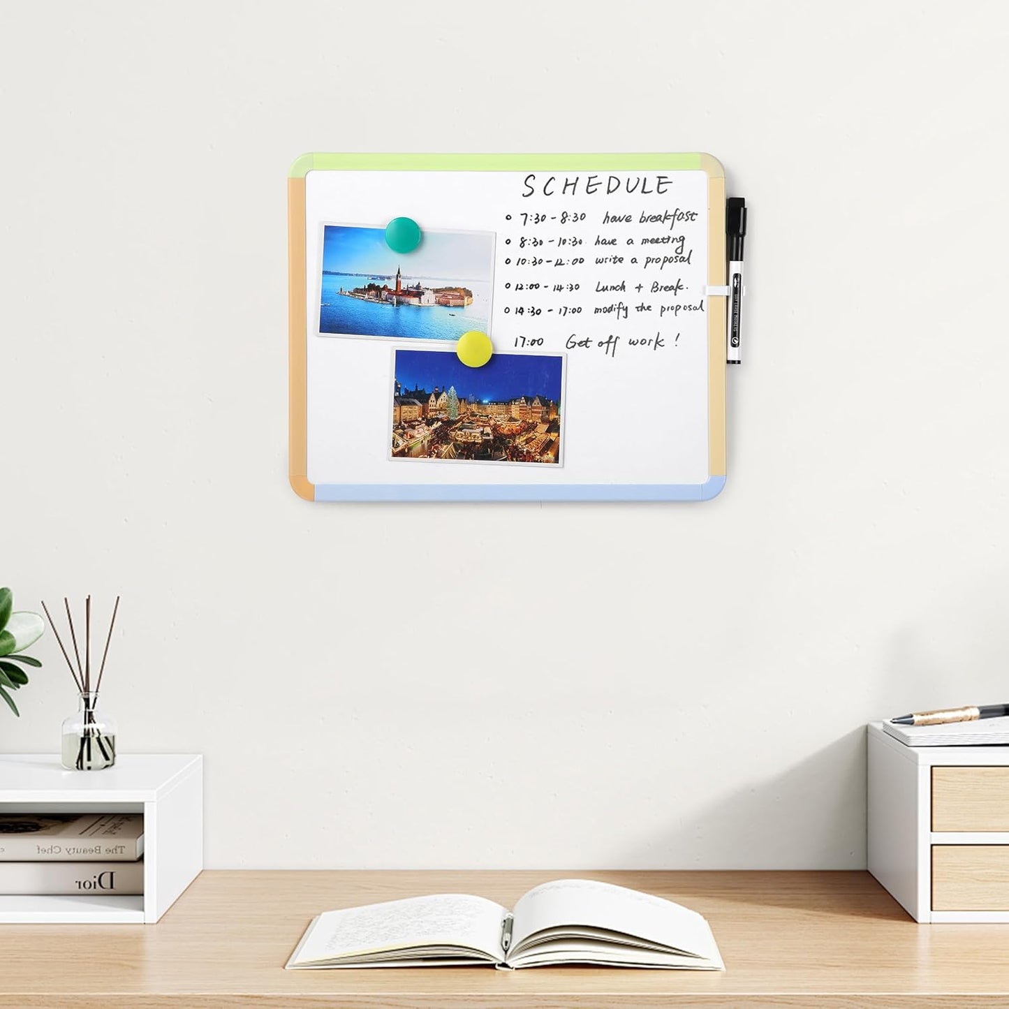 Mr. Pen- Dry Erase Board, 14” x 11” with a Black Dry Erase Marker, White Frame, Small Mini White Board for Students, Fridge, Wall, Locker, Includes Double Sided Tapes
