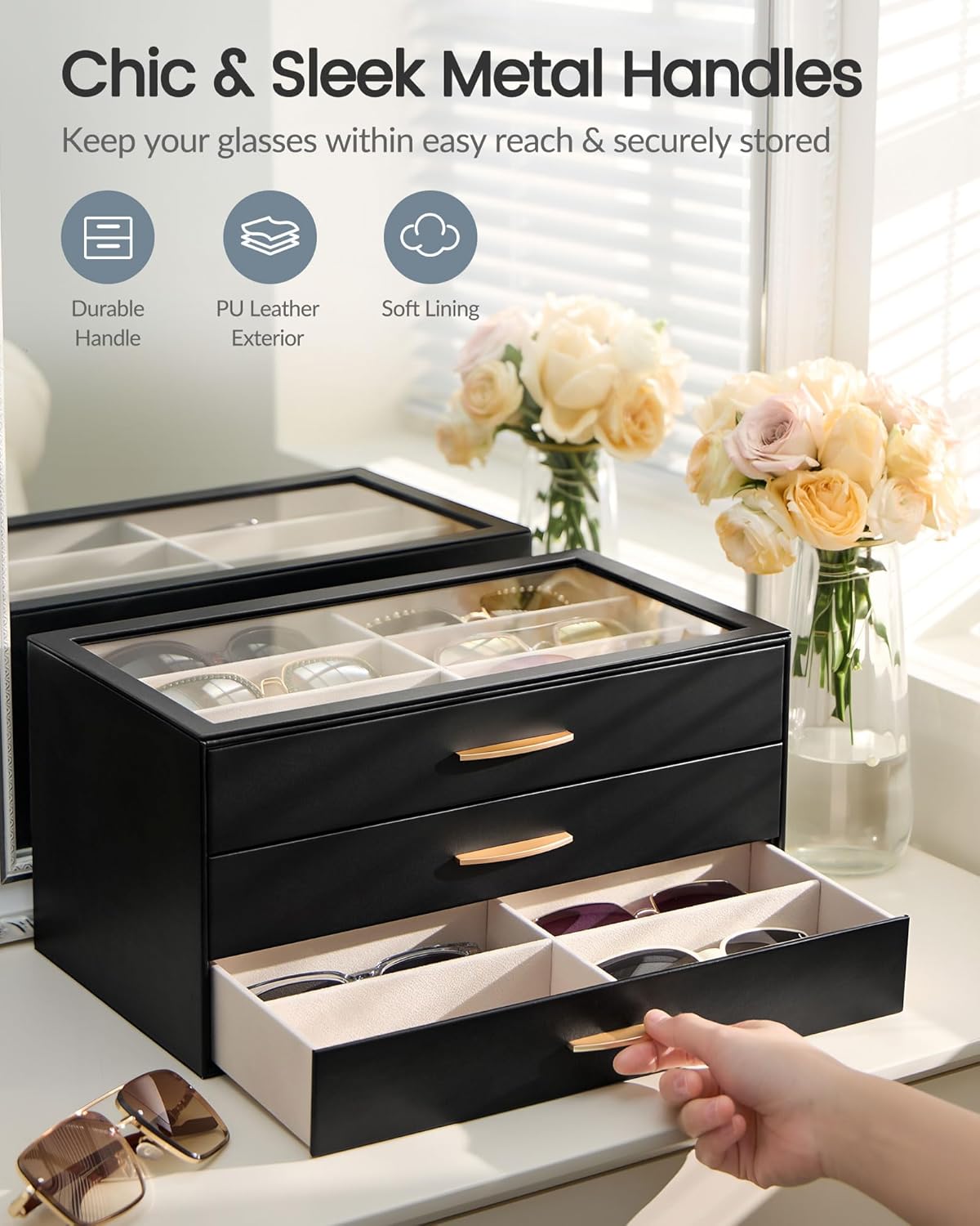 Lolalet Sunglasses Organizer for women, Multi Eyewear Storage Box with Drawer, Glasses Case Display Holder with Clear Top
