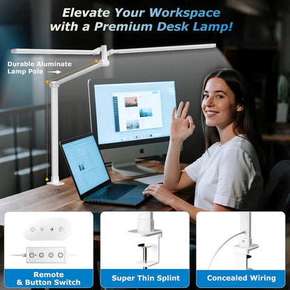 Airlonv LED Desk Lamp for Office Home, Eye-Caring Desk Light with Stepless Dimming Adjustable Flexible Gooseneck, 10W USB Adapter Desk Lamp with Clamp for Reading, Study, Workbench (Black)