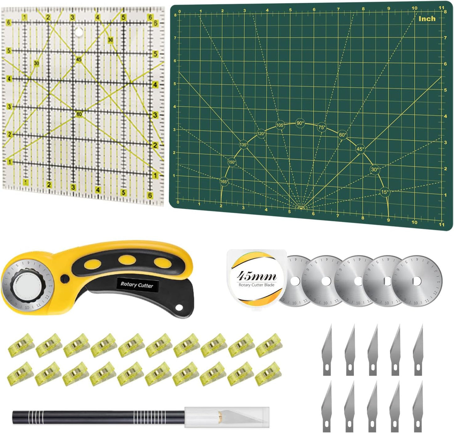 Headley Tools Rotary Cutter Set - 45mm Fabric Cutter, 5 Extra Rotary Blades, A3 Cutting Mat, Quilting Ruler and Sewing Clips, Craft Knife Set, Ideal for Crafting, Sewing, Patchworking, Purple