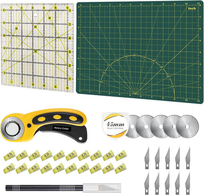 Headley Tools Rotary Cutter Set - 45mm Fabric Cutter, 5 Extra Rotary Blades, A3 Cutting Mat, Quilting Ruler and Sewing Clips, Craft Knife Set, Ideal for Crafting, Sewing, Patchworking, Purple