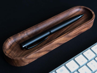 Walnut Wood Pen Tray, Minimalist Oval Wooden Pencil Holder, Office Desk Organizer, Writing Instrument Rest, Work Student Teacher Gift