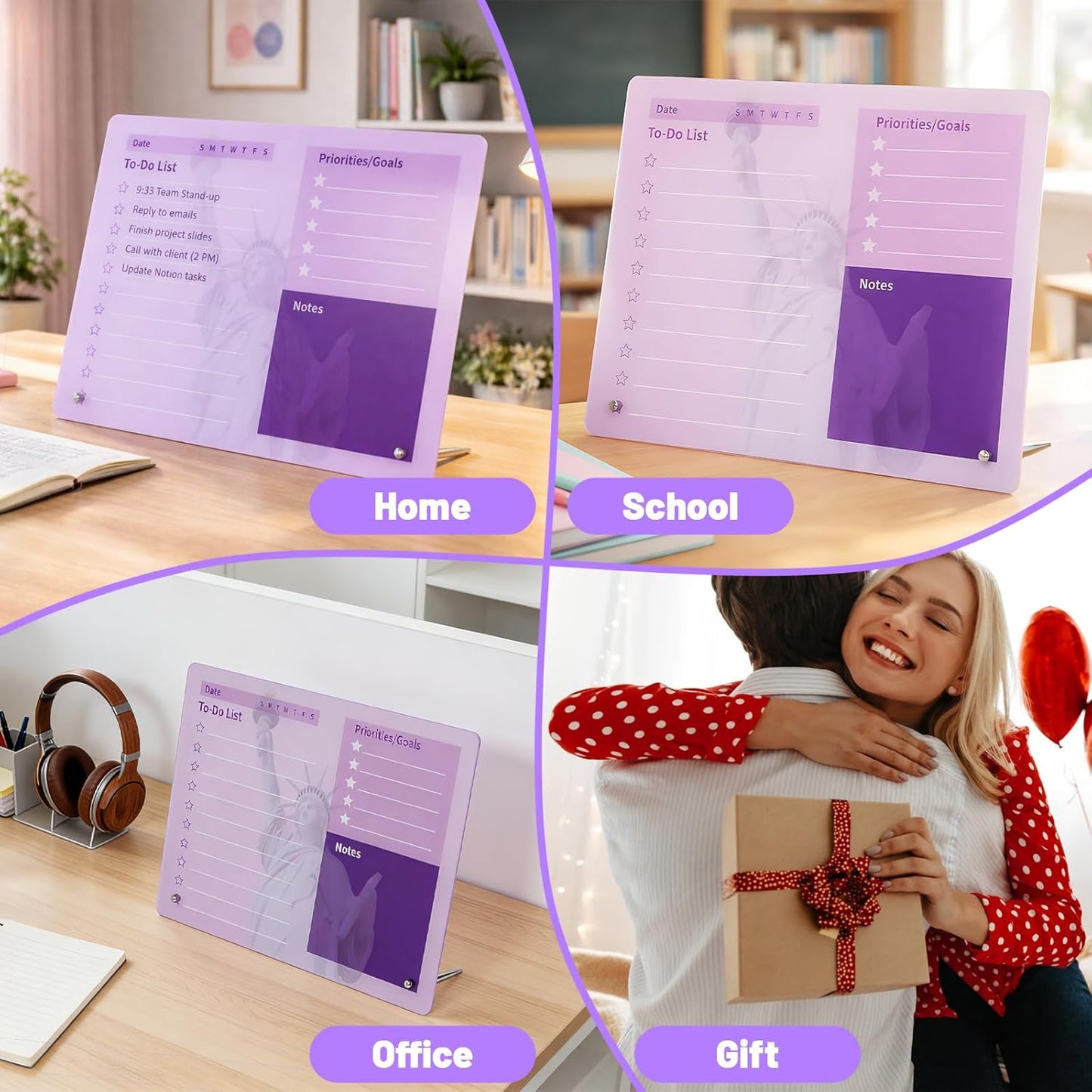 LeMotech Desktop Acrylic Dry Erase Board, 12x10 inches to-Do List Planner, Tabletop Whiteboard with Stand Office Supplies Includes 2 Markers & 1 Eraser, Pink Rose Pattern, 1 Pack