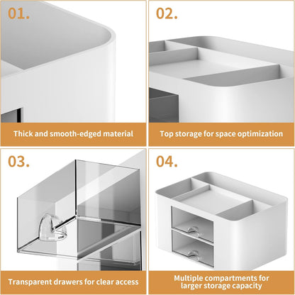 Marbrasse Pen Organizer with 2 Drawer, Multi-Functional Pencil Holder for Desk, Desk Organizers and Accessories with 5 Compartments + Drawer for Office Art Supplies (White)