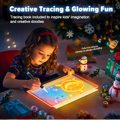 16-Inch Rechargeable LED Drawing Board, 9-Color Light Modes, Neon Art Dry Erase Light Up Doodle Glow Pad with Built-in Stand, Sketching Gift Toy for Kids/Girls/Teens, 7 Markers & Tracing Book