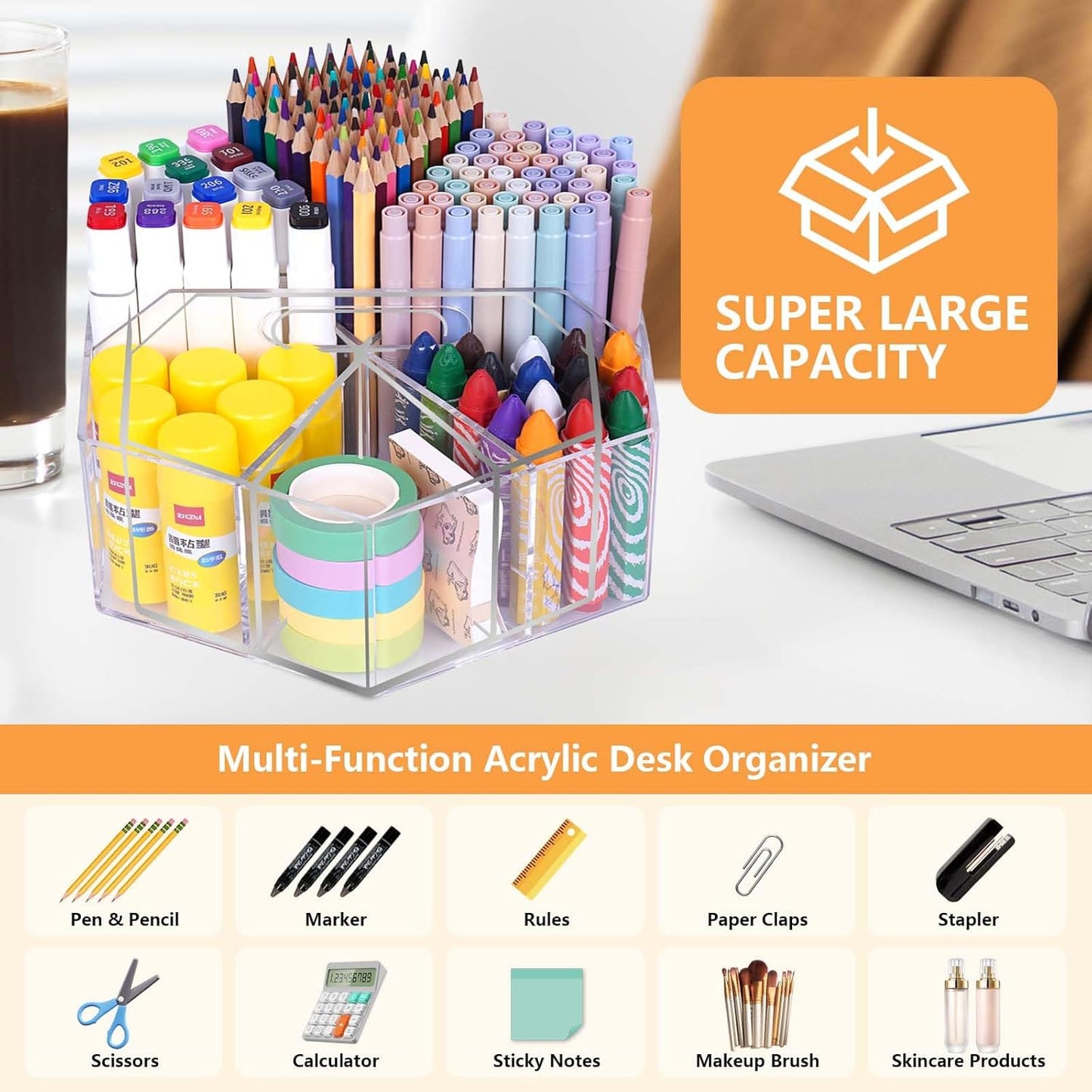Rotating Pencil Holder for Desk, 5 Slots 360-Degree Spinning Acrylic Pen Holder for Desk, Marker Holder Caddy Art Supply Organizer Pen Organizer for Office Home School