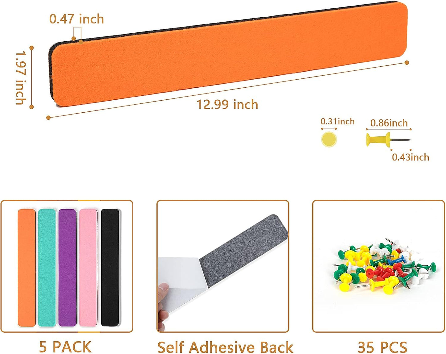 Felt Pin Board Bar Strips Bulletin Board for Bedrooms Offices Home Wall Decoration, Notice Board Self Adhesive Cork Board with 35 Push Pins for Paste Notes, Photos, Schedules