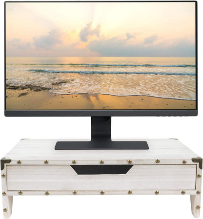 Ikee Design Wooden 2 Tier Monitor Stand with Drawer,Wood Desktop Stands for Laptop ,TV, Computer Riser,Wooden Clutter-Free Desk Storage Organizer,16 1/2 W x 10 1/4 D x 5 1/8 H in, White