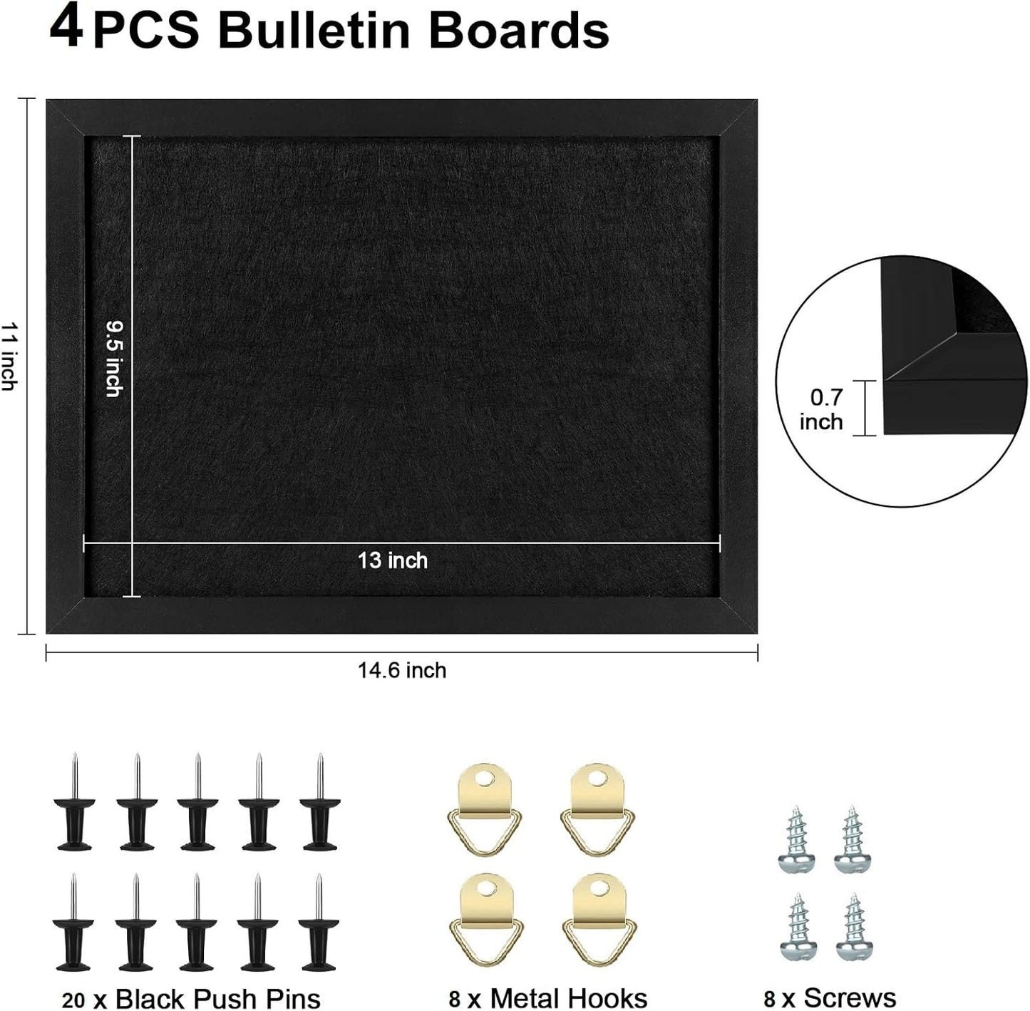 TORASO Cork Board Bulletin Board with Felt,Wood Framed Display Bulletin Board for Walls with Pins, Eye Bolts, gaskets, Screws, Pin Board for Office, School and Home(Black,1pc)