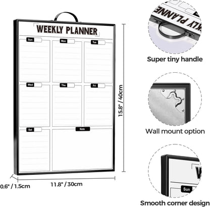 Weekly Planner Dry Erase Calendar for Wall Hanging, 16"x12" Aluminum Frame Whiteboard Calendar with Handle, Portable White Board as Office to Do List, Meal Planner for Home Kitchen