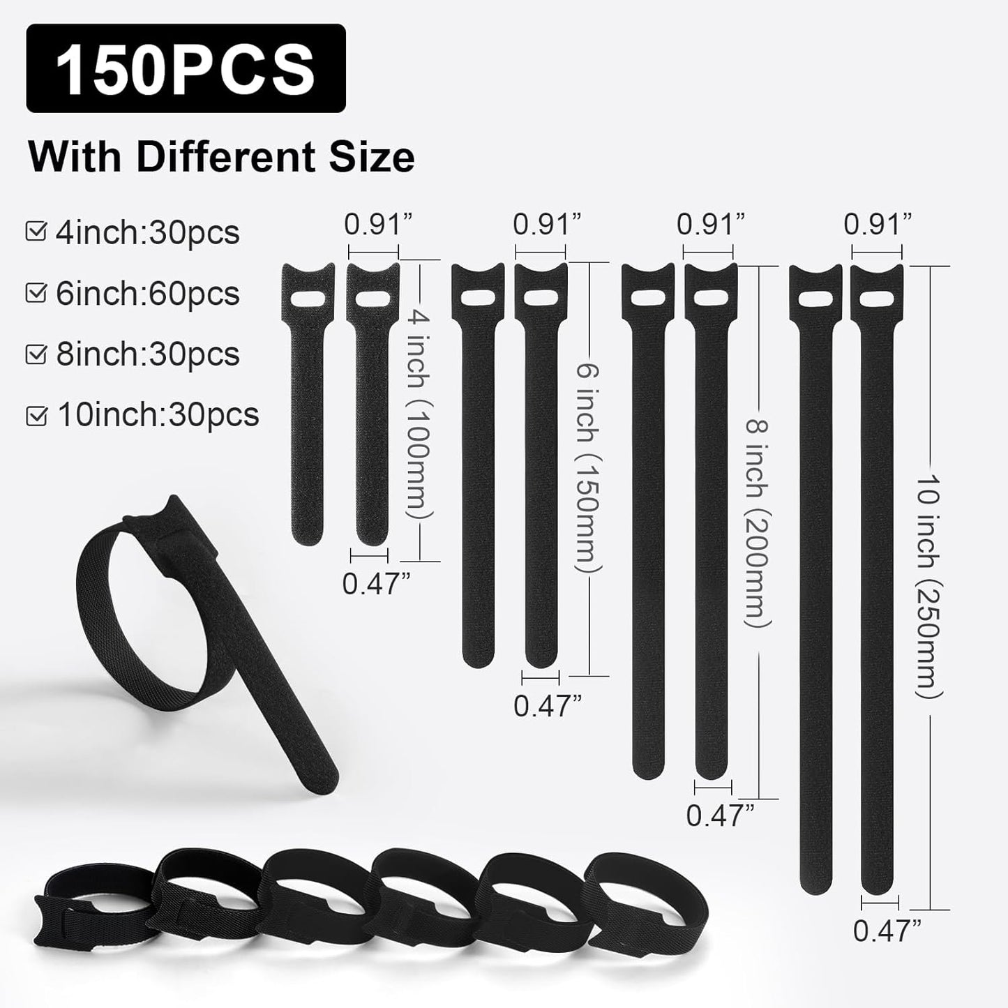150PCS Cable Ties, 4+6+8+10 inch Multi-Colour Straps for Cable Management, Adjustable Fastening Cord Wraps, Multi-Purpose Reusable Hook and Loop for Home, Office and Garage