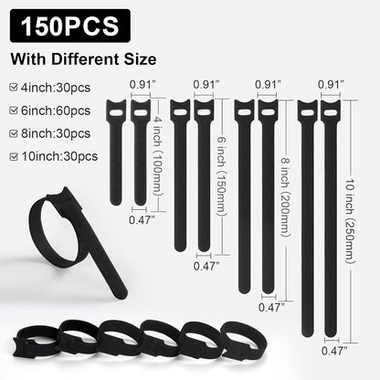 150PCS Cable Ties, 4+6+8+10 inch Multi-Colour Straps for Cable Management, Adjustable Fastening Cord Wraps, Multi-Purpose Reusable Hook and Loop for Home, Office and Garage