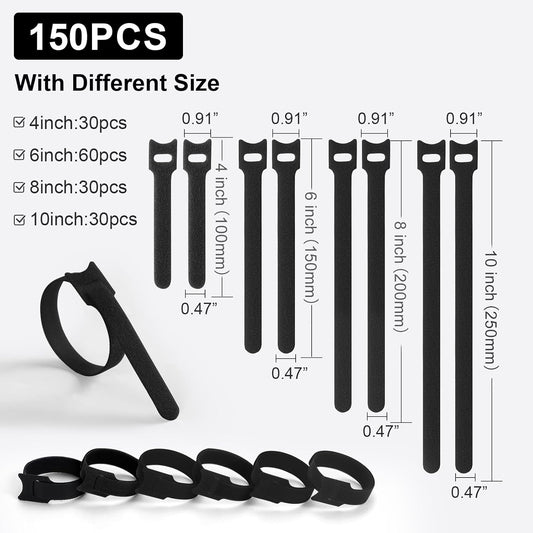 150PCS Cable Ties, 4+6+8+10 inch Multi-Colour Straps for Cable Management, Adjustable Fastening Cord Wraps, Multi-Purpose Reusable Hook and Loop for Home, Office and Garage