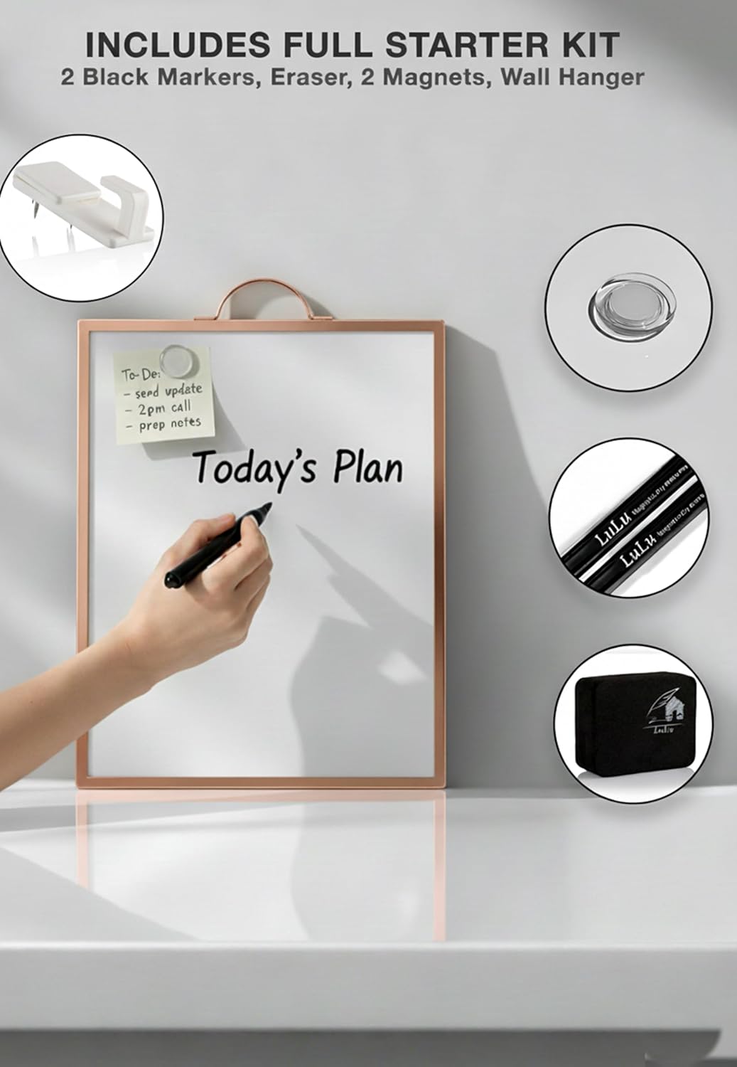Magnetic Dry Erase Board 12x16 with Foldable Stand, Portable Gold Desktop Whiteboard for Home, Office, School & Kitchen, Includes Weekly & Monthly Magnetic Planner Sheets