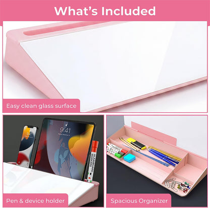 Chalkola Pink Glass Desktop Whiteboard with Storage - Dry Erase Board, Work Desk Organizers, Computer Keyboard Stand, Home Office Desk Accessories, Workspace Desktop Buddy