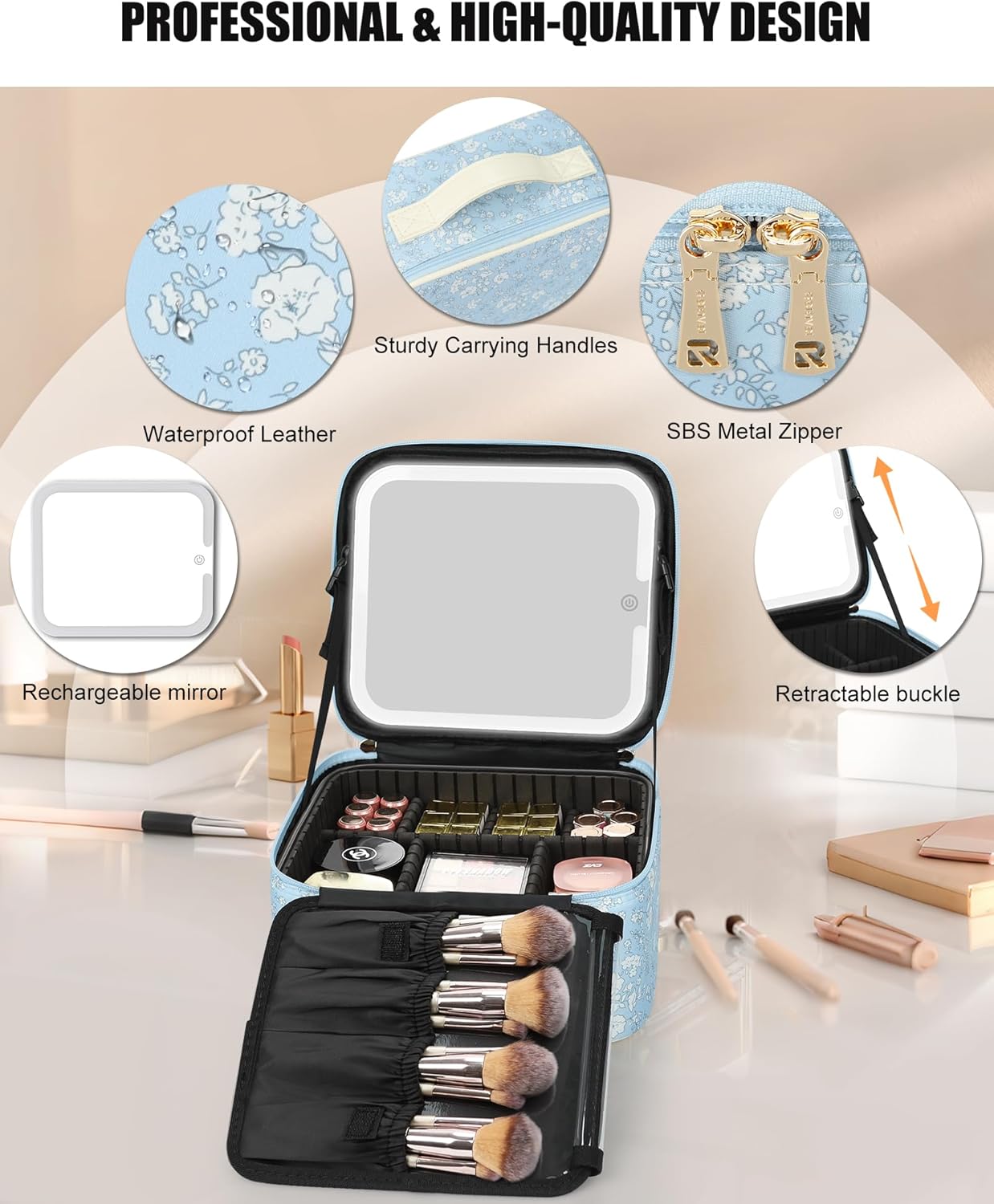 Relavel Travel Makeup Bag With LED Mirror, Cosmetic Train Case with Light up Mirror, Portable Makeup Artist Organizer Bag with Adjustable Dividers, Makeup Brush Holder Storage, Black