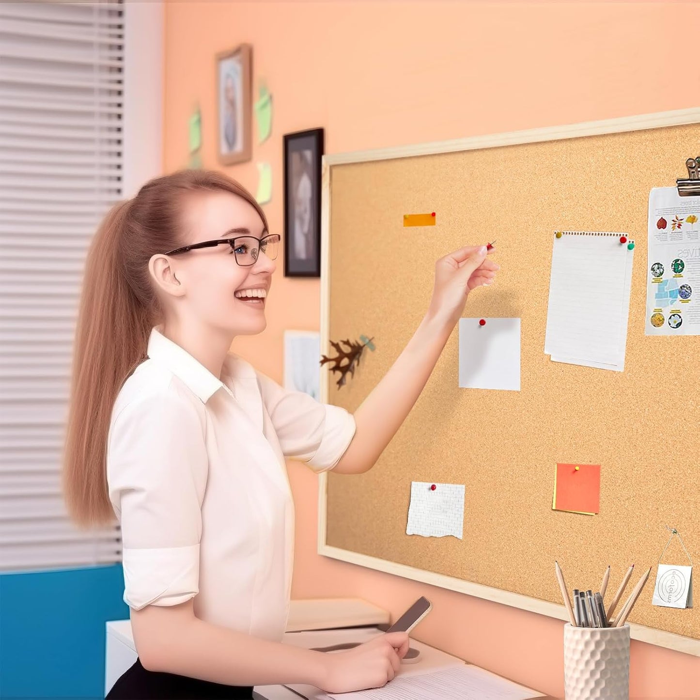 OWLKELA Cork Board 14.6"X 11", Notice Pin Board, Memo Board, Vision Board, Bulletin Board for Office, Classroom or Home, Mounting Hardware and Push Pins Included, Wooden Frame
