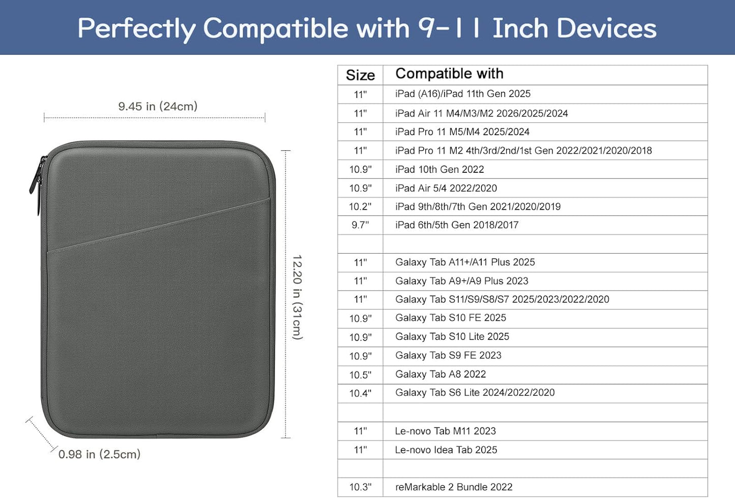 Dadanism 9-11" Tablet Sleeve Bag Carrying Case for iPad (A16) 11th Gen 11", iPad 10th Gen 10.9" Air 5/4, iPad Air M4/Pro 11", iPad 9/8/7th, Galaxy Tab A11+ Plus 11", Remarkable 2 10.3", Black