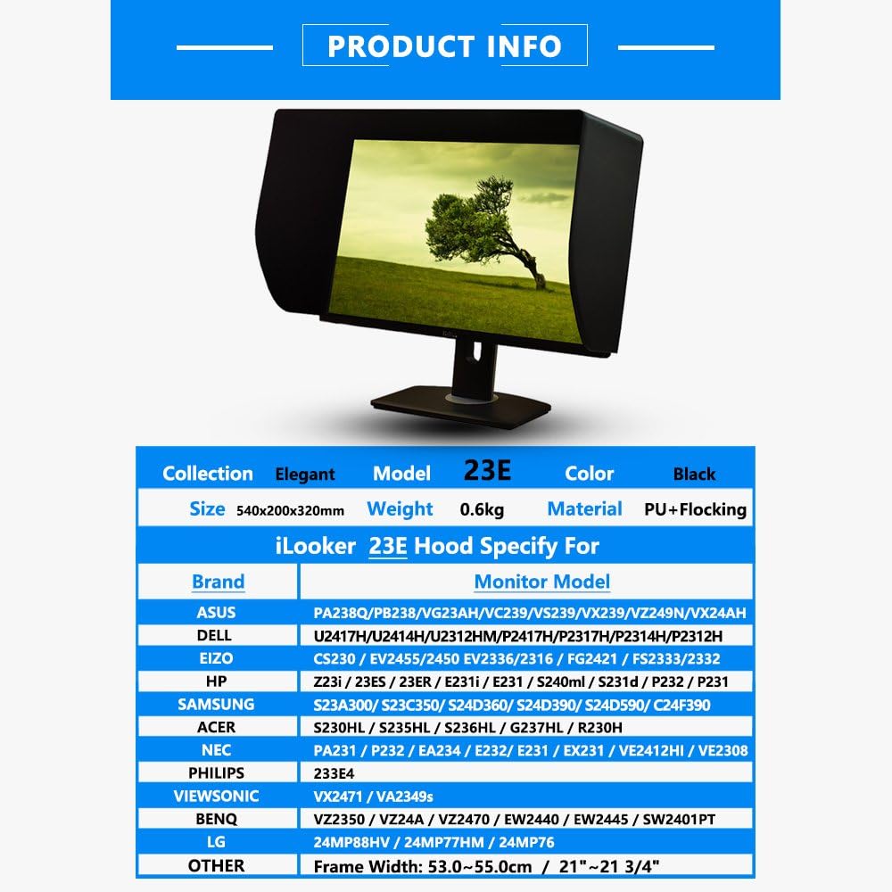 iLooker-23E 23&24-inch Ultr-Slim Frame LCD LED Video Monitor Hood Sunshade Sunhood for Dell HP Viewsonic Philips Samsung LG EIZO NEC ASUS ACER BENQ AOC Lenovo, Fits Monitor Frame Width 530-550mm
