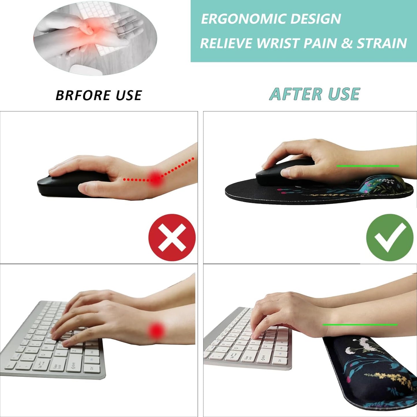 Keyboard Wrist Rest Pad Mouse Pad with Wrist Support Set of 3, Mousepad with Non-Slip Rubber Base, Ergonomic Memory Foam Mouse Wrist Cushion Support for Home Office Laptop Computer Gaming, Forest