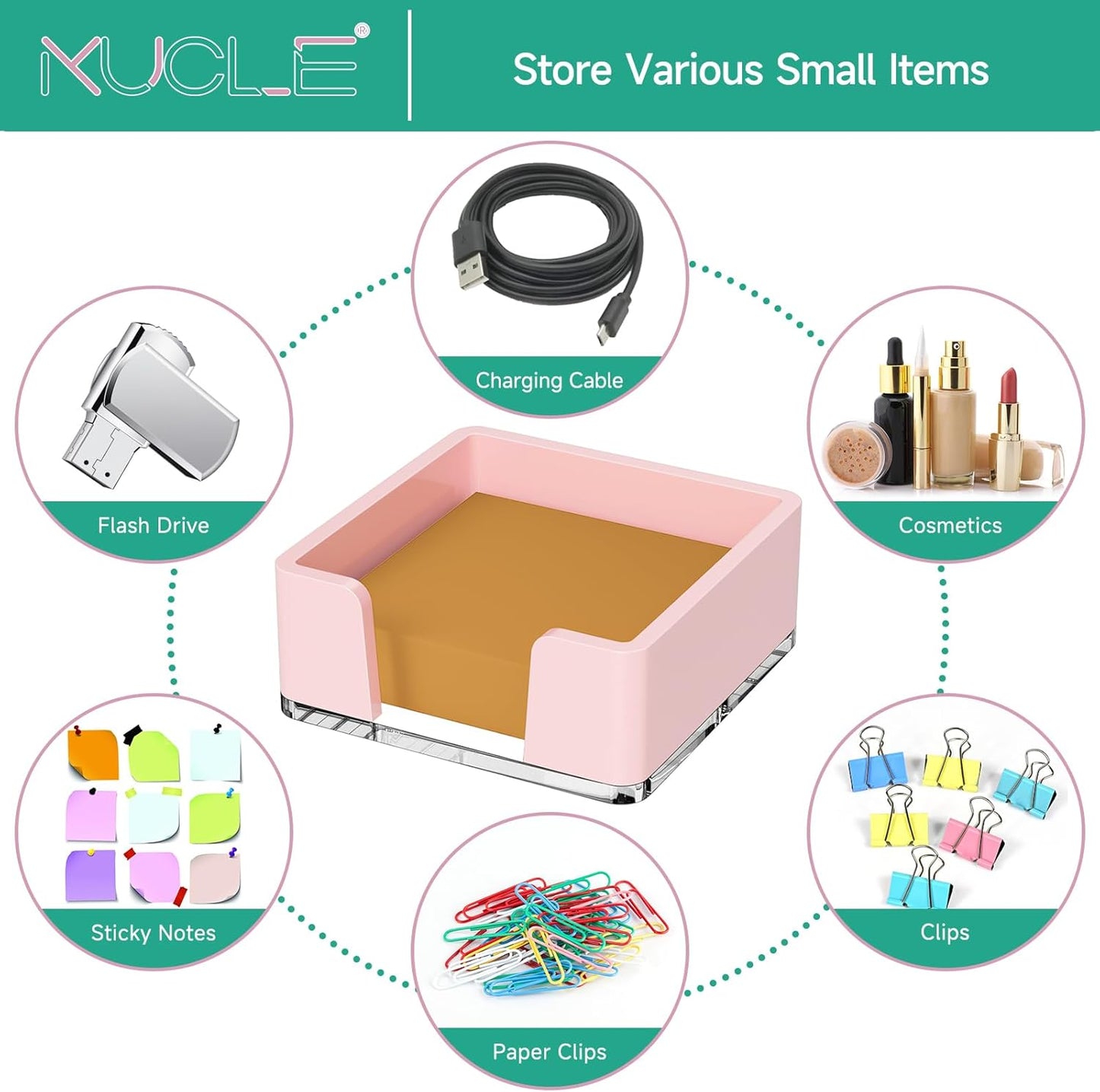 Sticky Note Holder, Glitter Pink Acrylic Notepad Holder 3x3 in Self-Stick Note Dispenser Office Desk Accessories, Memo Pad Holder Organizer for Classroom School Supplies