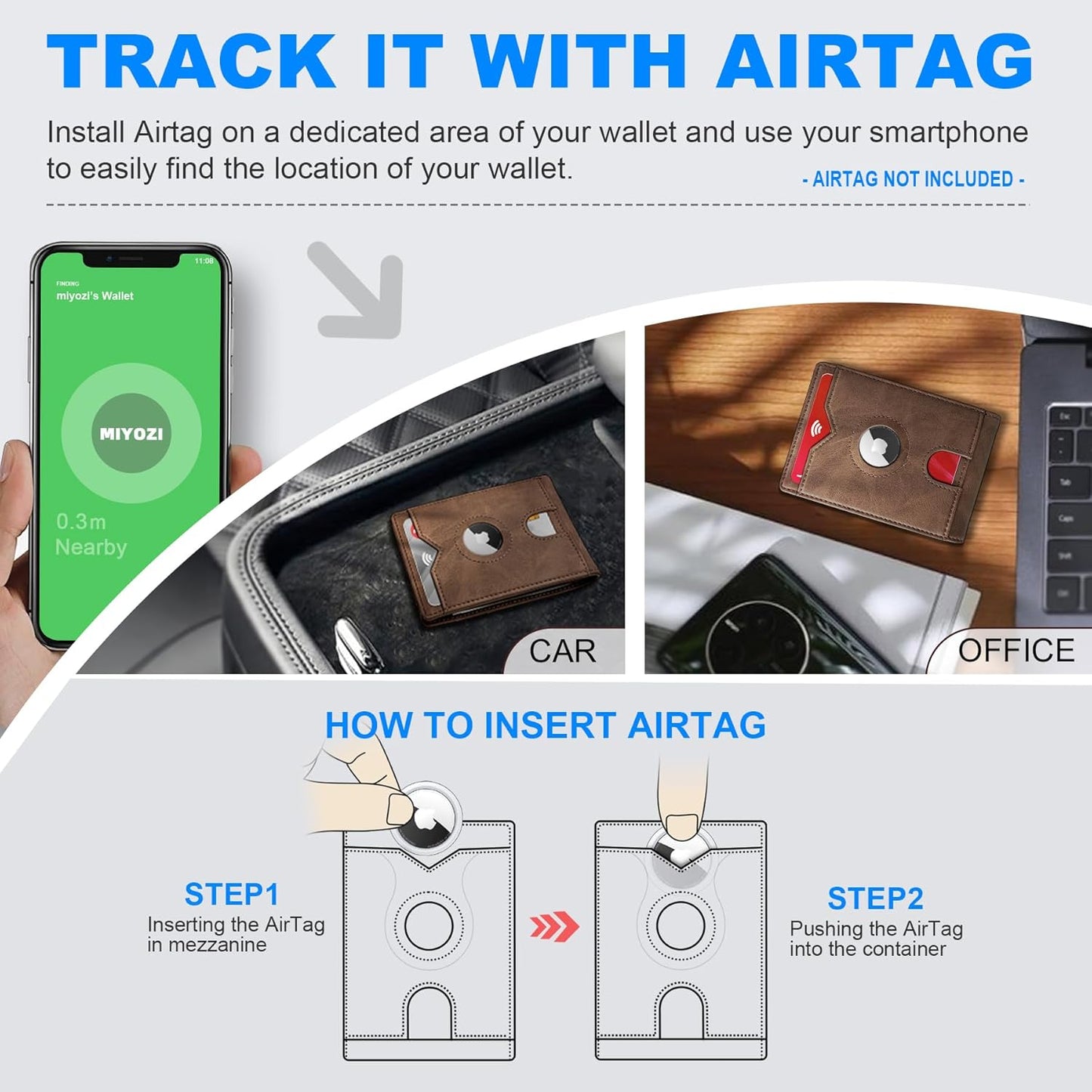 miyozi AirTag Wallet for Men, Slim Leather Bifold with Holder Slot, 2 ID Windows & 13 Card Slots, RFID Blocking Front Pocket Wallet with Gift Box