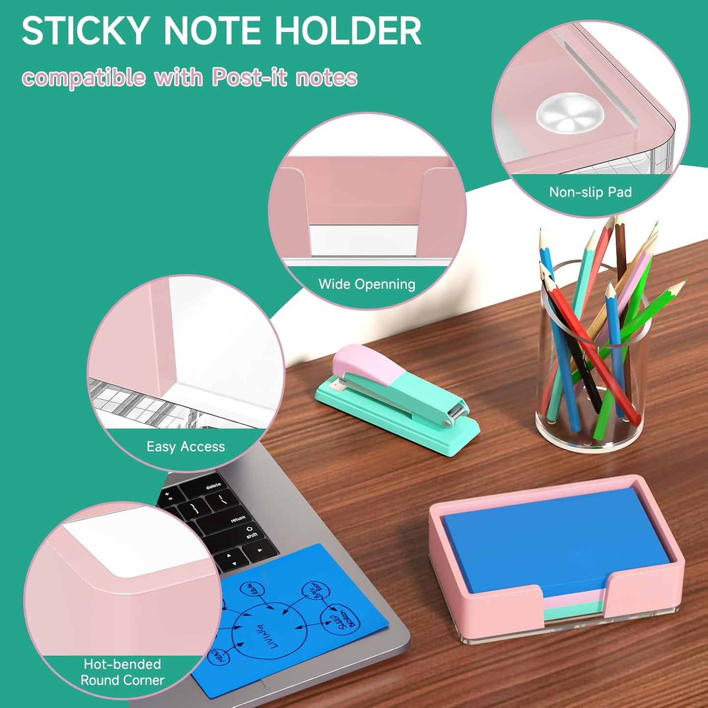Sticky Note Holder, Glitter Pink Acrylic Notepad Holder 3x3 in Self-Stick Note Dispenser Office Desk Accessories, Memo Pad Holder Organizer for Classroom School Supplies