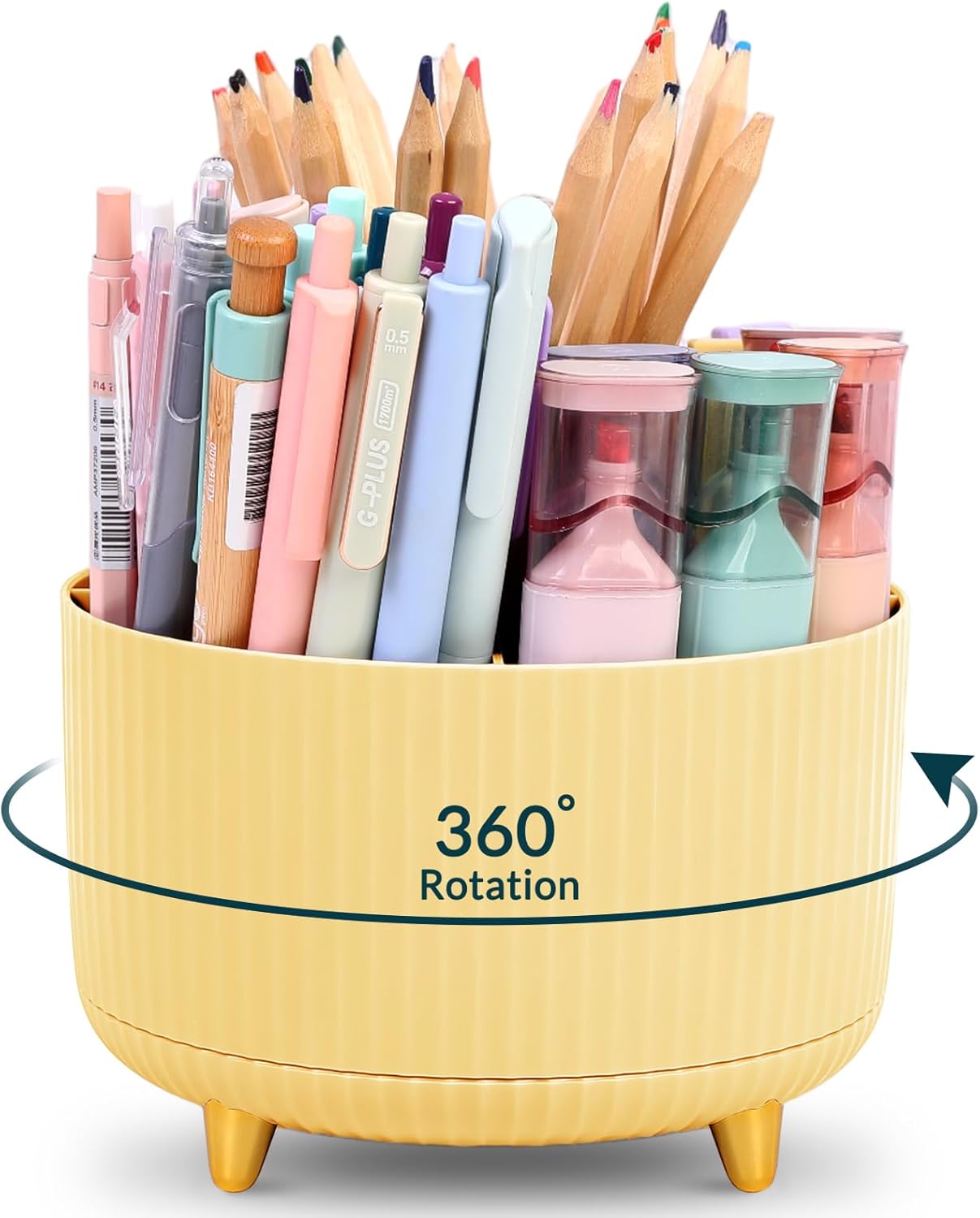 KONVINIT Pencil Pen Holder for Desk, 5 Slots 360 - Degree Rotating Desktop Organizer, Cute Desk Organizers and Accessories for School, Home, Office and Art Supply, Black