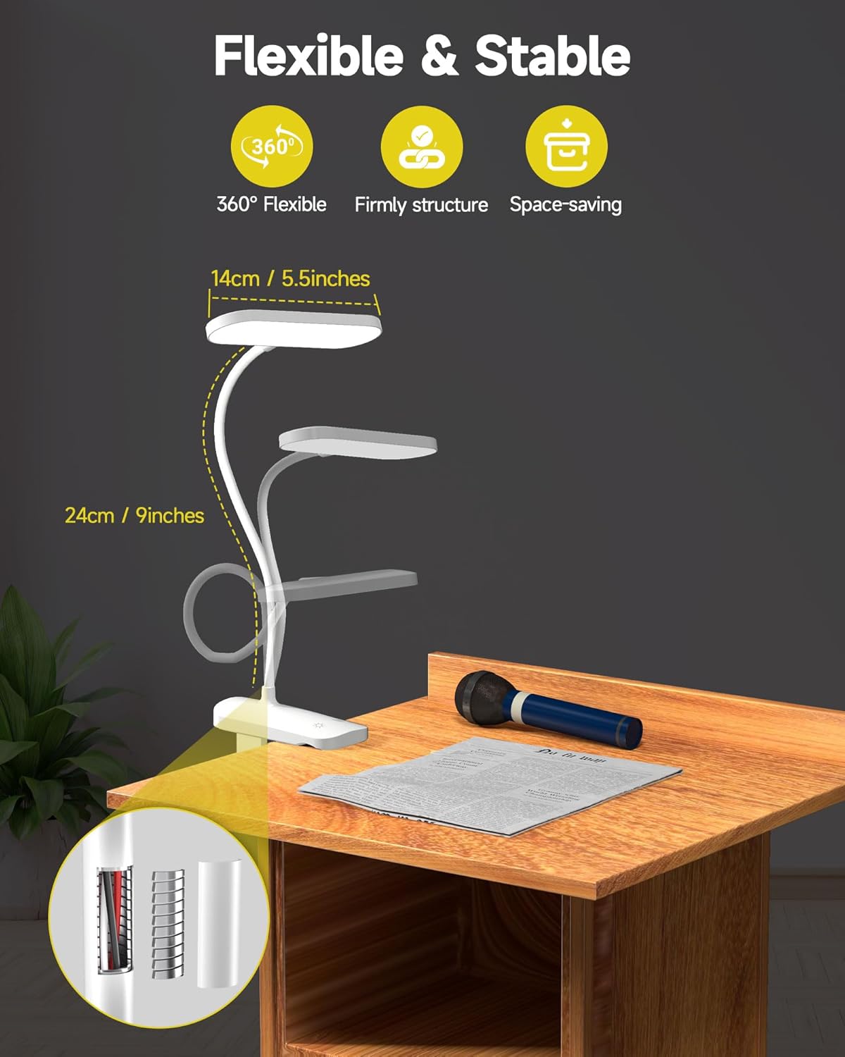 CUHIOY Desk Lamp Clip on Reading Light, USB-C Battery-Operated Rechargeable Table Lamps with Clamp for Dorm Home Office, 38LEDs Bed Headboard Light, 5 Colors 5 Brightness, Flexible Gooseneck (Black)