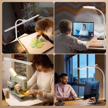 LED Desk Lamp with Base - Bright Dimmable Computer Lamp with Phone Holder, 24W Bendable Desk Light for Monitor Screen, Eye-Caring Tall Desktop Light for Task Home Office Work, Black, Dual Head