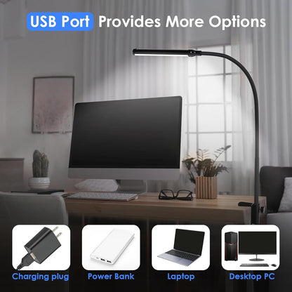 ShineTech LED Desk Lamp with Clamp, Eye-Caring Clip on Desk Light with 3 Color Modes & Stepless Dimming, 360° Flexible Gooseneck Desk Lamp for Home Office College Dorm with USB Adapter