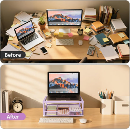 Wood Metal Monitor Stand Riser, Laptop Stand for Desk, Office Desk Organizer and Accessories, Computer Desktop Shelf with Drawer and Pen Holder, Printer Stand for Home, Office, Dorm (Natural Wood)