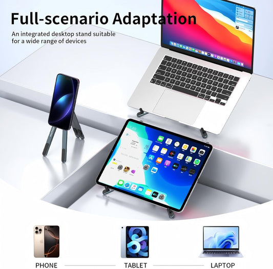Portable Laptop Stand for Desk, 3-in-1 Adjustable Holder for MacBook, 8-Level Height & Angle, Aluminum Alloy Desktop Stand, Compatible with 4-13” iPhone, 10-16” Laptops & Tablets(Gray)