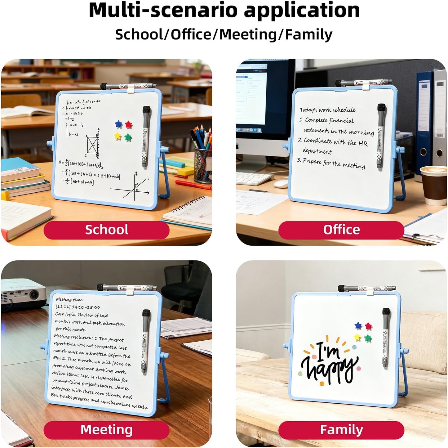 Colorful Dry Erase White Board 8.3x11in, Magnetic Desktop Board with Stand, 2 Markers (Eraser Head), 4 Magnets - Double-Sided Easel for Daily Planning, Memo, Office/Home/School (Blue)