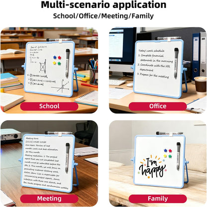 Colorful Dry Erase White Board 8.3x11in, Magnetic Desktop Board with Stand, 2 Markers (Eraser Head), 4 Magnets - Double-Sided Easel for Daily Planning, Memo, Office/Home/School (Blue)