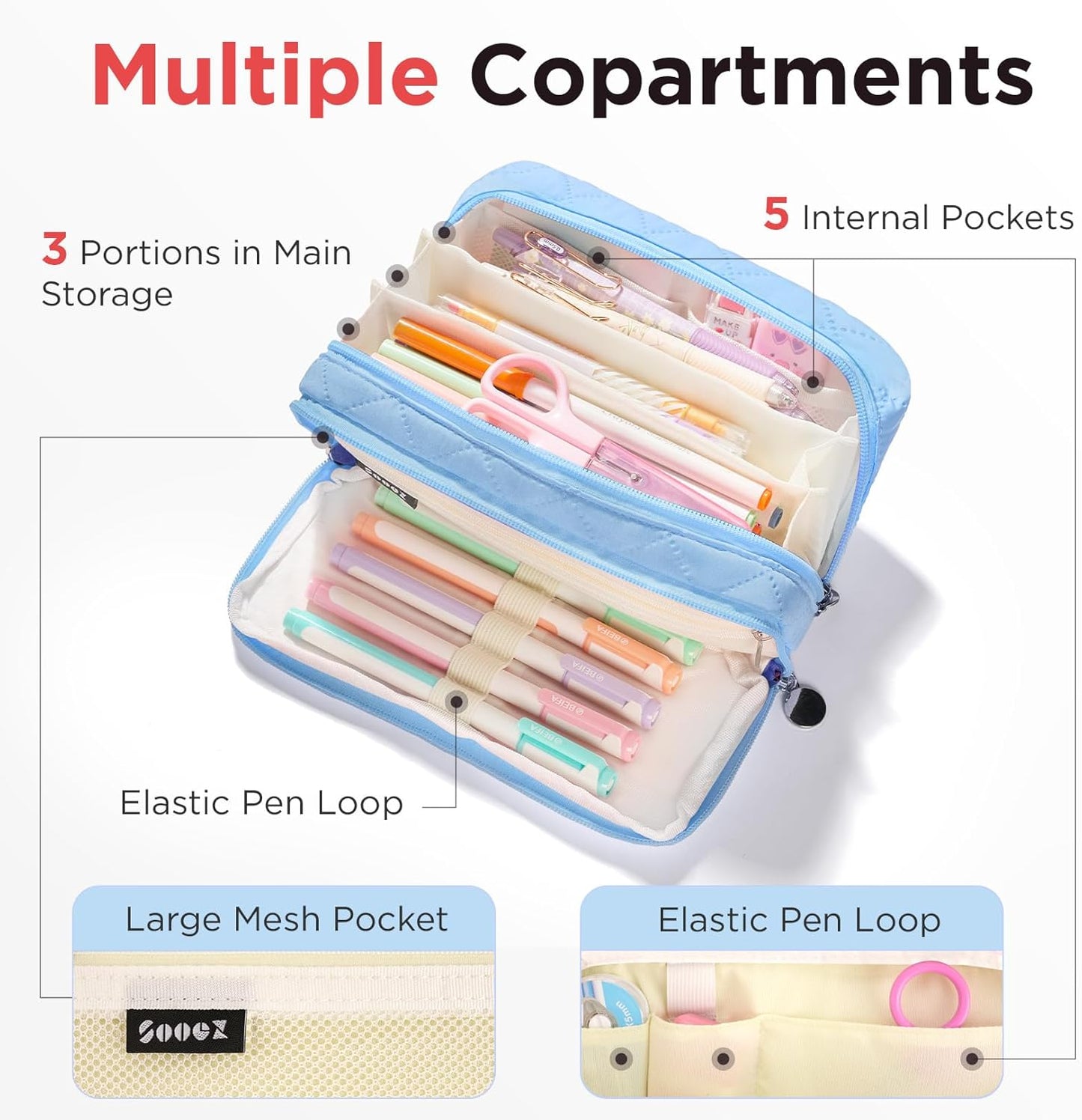 Sooez Large Pencil Case Pouch, Extra Big Pencil Bag with 8 Compartments, Pen Bag Wide Opening, Soft Quilted Pencil Pouch Organizer with Zipper, Portable Pencil Case for Teen Girls, Pink