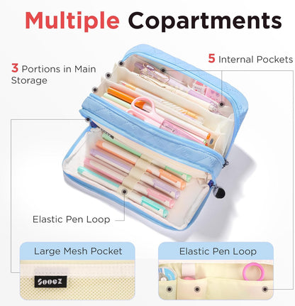 Sooez Large Pencil Case Pouch, Extra Big Pencil Bag with 8 Compartments, Pen Bag Wide Opening, Soft Quilted Pencil Pouch Organizer with Zipper, Portable Pencil Case for Teen Girls, Pink