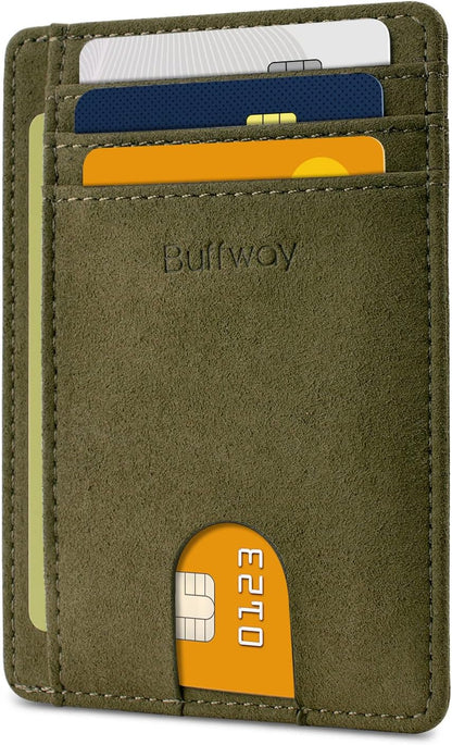 Buffway Slim Minimalist Front Pocket RFID Blocking Leather Wallets for Men and Women - Carbon Fiber Black - Colors B