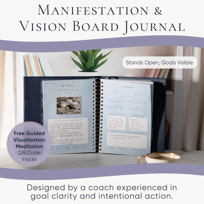 Vision Board Kit & Guided Manifestation Journal | Goal Planner & Habit Tracker, Self Care & Reflection Tools | Undated Vegan Leather Hardcover | Visions in Motion Portable Vision Board