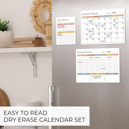 Beautiful Magnetic Dry Erase Calendar Set of 3 - Easy-to-Erase Whiteboard with Marker & Premium Magnet for Your Fridge - The Perfect Weekly and Monthly White Board Organizer for Everyday Planning