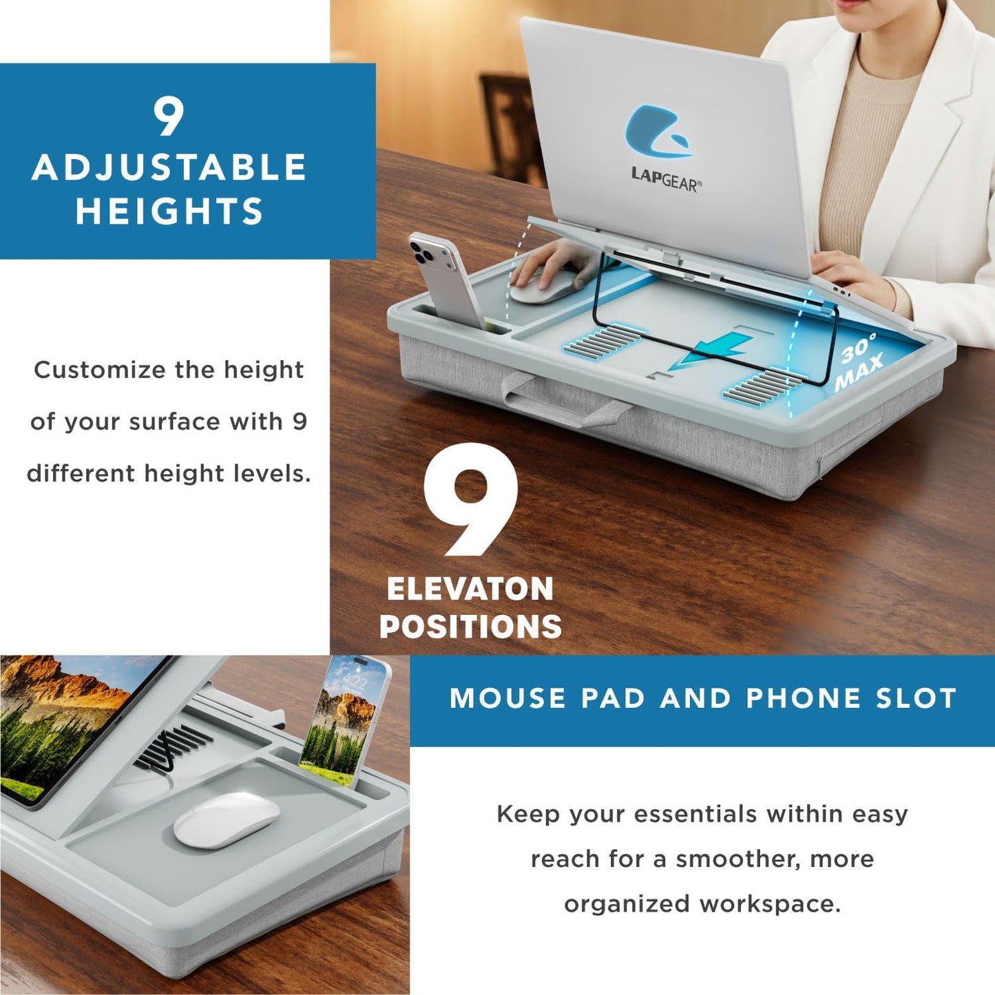 LAPGEAR Ergonomic Pro 2.0 Lap Desk with 9 Adjustable Heights, Built-in Mouse Pad & Phone Slot – Full Microbead Cushion, Storage Pocket – Fits Laptops up to 15.6" – Dusty Rose – Style No. 49504