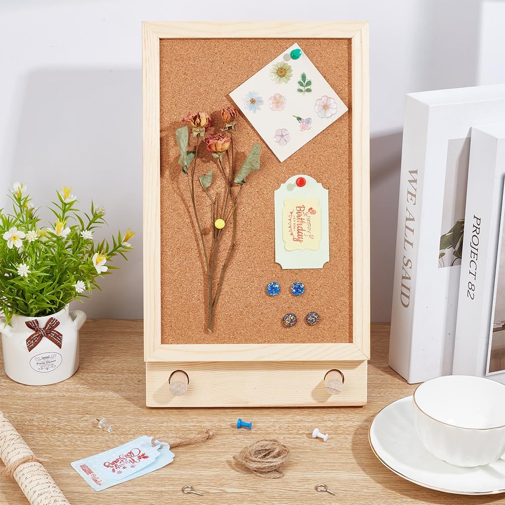 OLYCRAFT Desktop Cork Board with Hemp Rope 2Pcs Wood Sticks 2Pcs Screw Pins and 6Pcs Thumbtacks Cork Bulletin Board Message Picture Board for Home Office Decor DIY Crafts-13.5x7.9x1.2 Inch