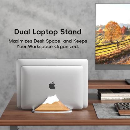 AFOOYO Vertical Dual Laptop Stand - Snow Peak-Shaped Wooden Adjustable Laptop Holder,2 Slots Desktop Dock Compatible with All MacBook, Surface,Chromebook,Dell & More(Beechwood)
