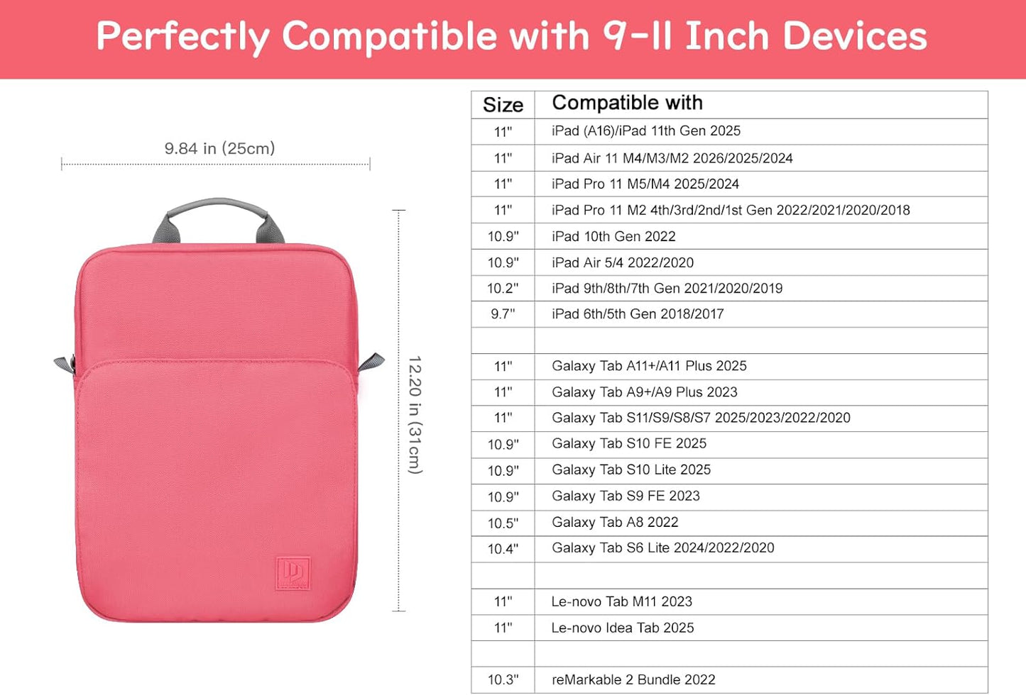 Dadanism 9-11 Inch Tablet Sleeve Bag Carrying Case with Shoulder Strap for iPad (A16) 11", iPad 10th Gen 10.9", iPad Air M4/Pro M5 11", iPad 9/8/7th 10.2", Galaxy Tab A11+ Plus 11", Cloudy Pink