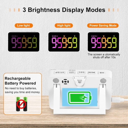 PERSUPER Kitchen Digital Timer, Count Down Up, Rechargeable, Vibration Mode Adjustable Volume and Brightness LED Display, Time Management Cook, Desk, Kids Adults Study Teaching, Kitchen Gadgets RGB