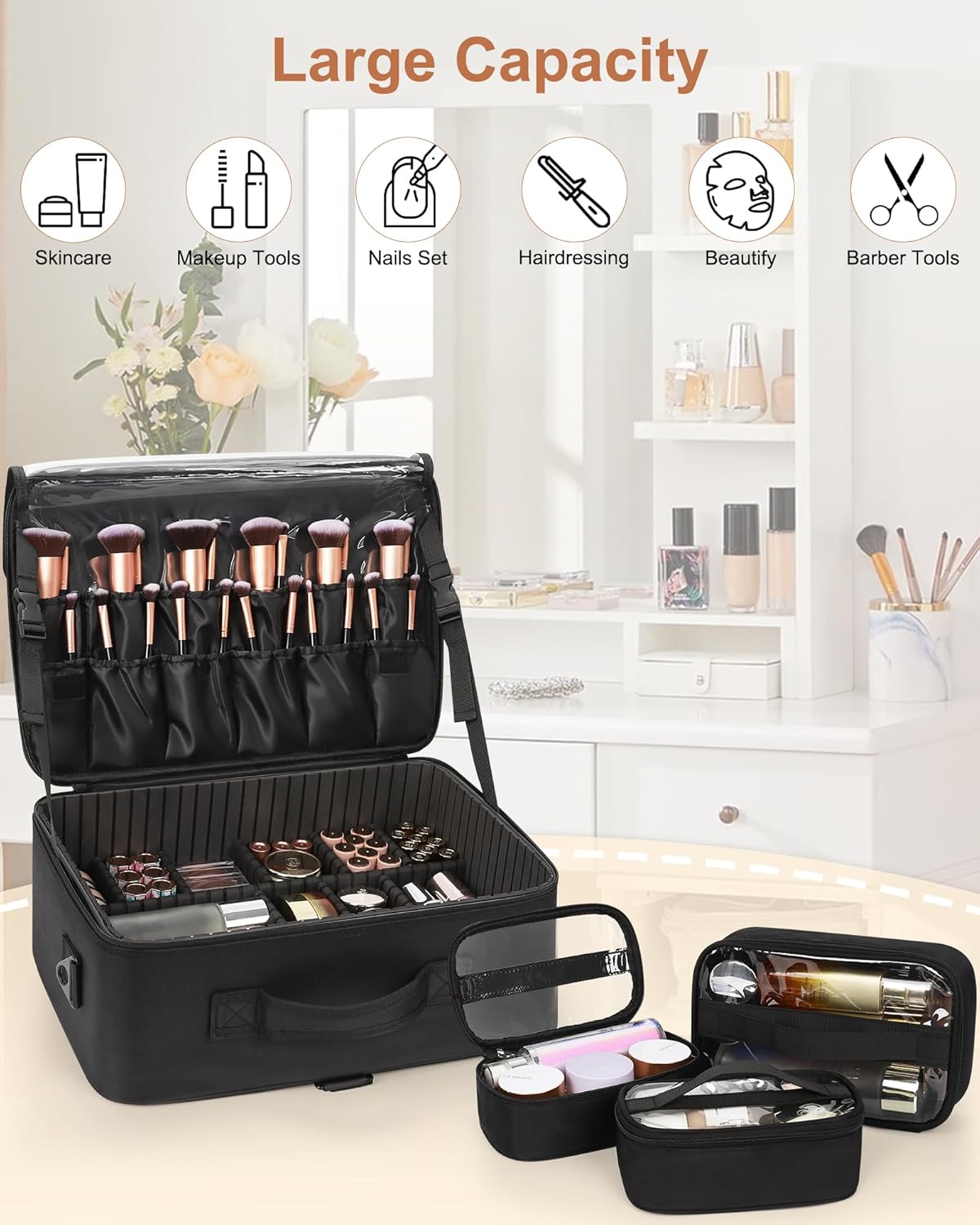 Relavel Makeup Case Large Makeup Bag Professional Train Case 16.5 inches Travel Cosmetic Organizer Brush Holder Waterproof Makeup Artist Storage Box, 3 Layer Large Capacity, with Adjustable Strap
