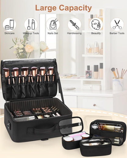 Relavel Makeup Case Large Makeup Bag Professional Train Case 16.5 inches Travel Cosmetic Organizer Brush Holder Waterproof Makeup Artist Storage Box, 3 Layer Large Capacity, with Adjustable Strap
