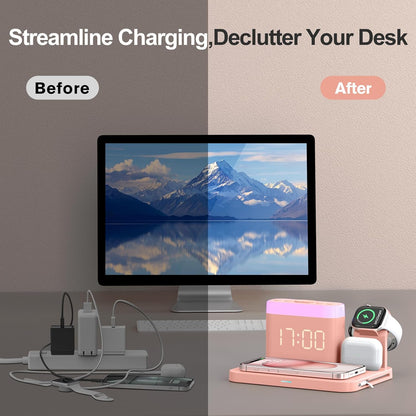 ANJANK Wireless Charging Station,5 in 1 Multiple Charger Stand with Alarm Clock,7 Night Light,Magnetic Charging Dock for iPhone 17 16 15 14 13 12 Pro Max Plus,Apple Watch 11/10/9/8,for Airpods,Bedroom