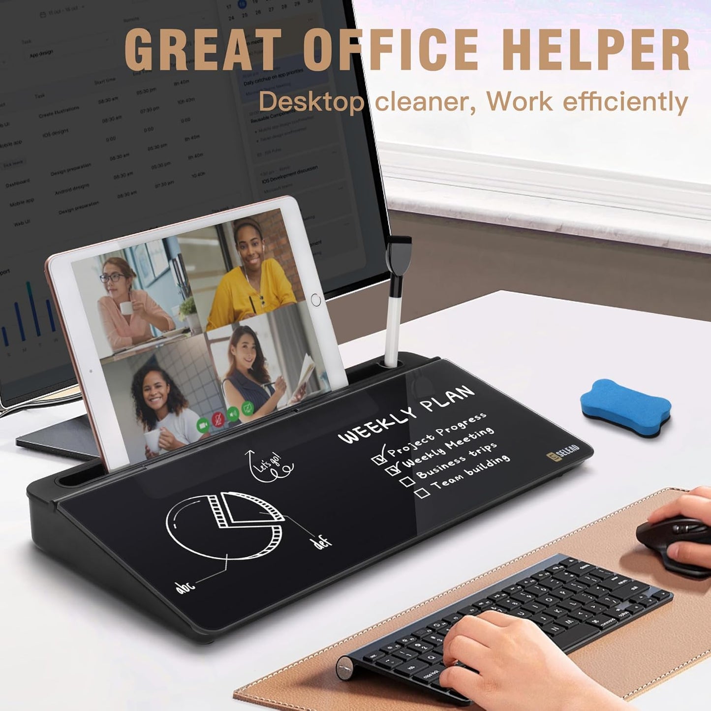 SELEAD Desktop Glass Whiteboard with Wireless Charger Station, Dry Erase Board Computer Pad Keyboard Stand with Organizer for Home, School, Office Desk Accessories, Black
