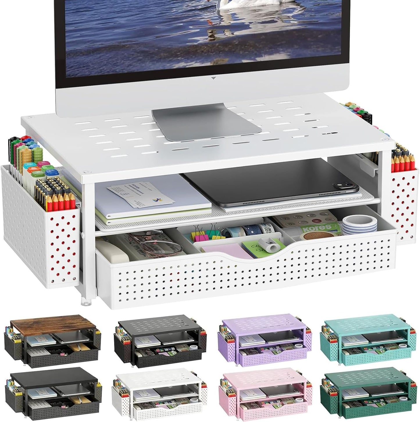 gianotter Monitor Stand Riser, Office Desk Shelf Organizer, Desk Organizer with Drawer and Pen Holder, 2-Tier Computer Stand, Office Organization (Ink)